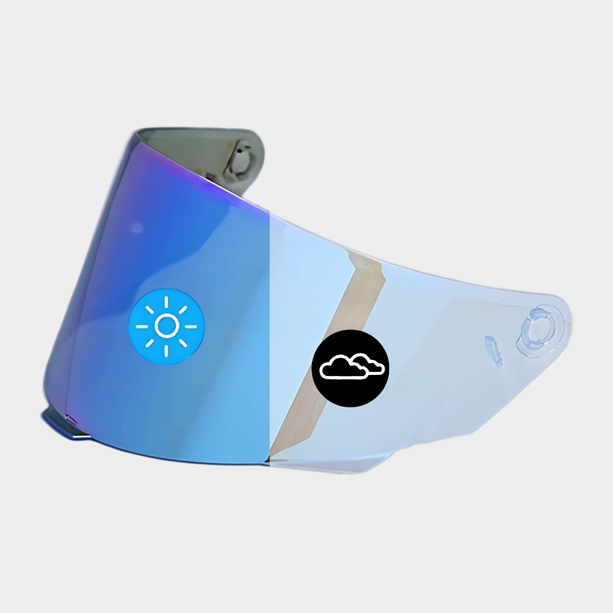 A blue photochromic visor for KYT TT COURSE helmets, showing the visor's transition from clear to blue and the sun icon on the helmet.