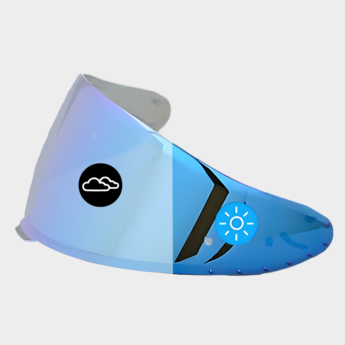 A blue tinted photochromic visor for SHOEI z8 rf1400 motorcycle helmets, showing a transition from night clear blue to mirrored blue gold based on UV sunlight.