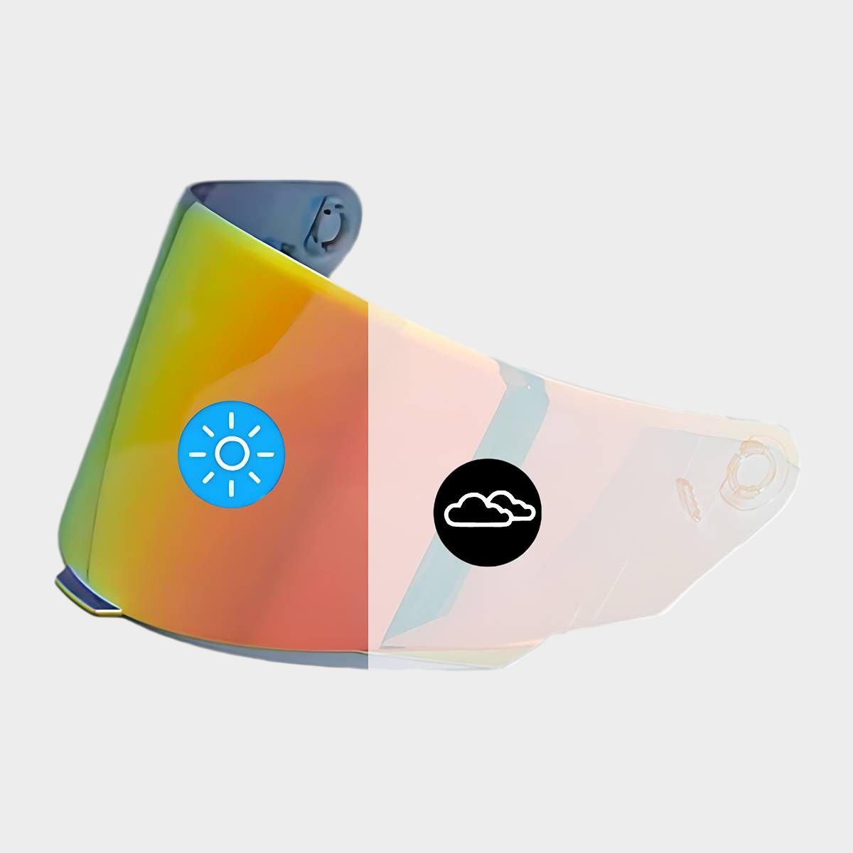 A red photochromic visor for KYT TT course helmets, with a gradient of yellow to red and sun and cloud symbols indicating the change in light conditions.