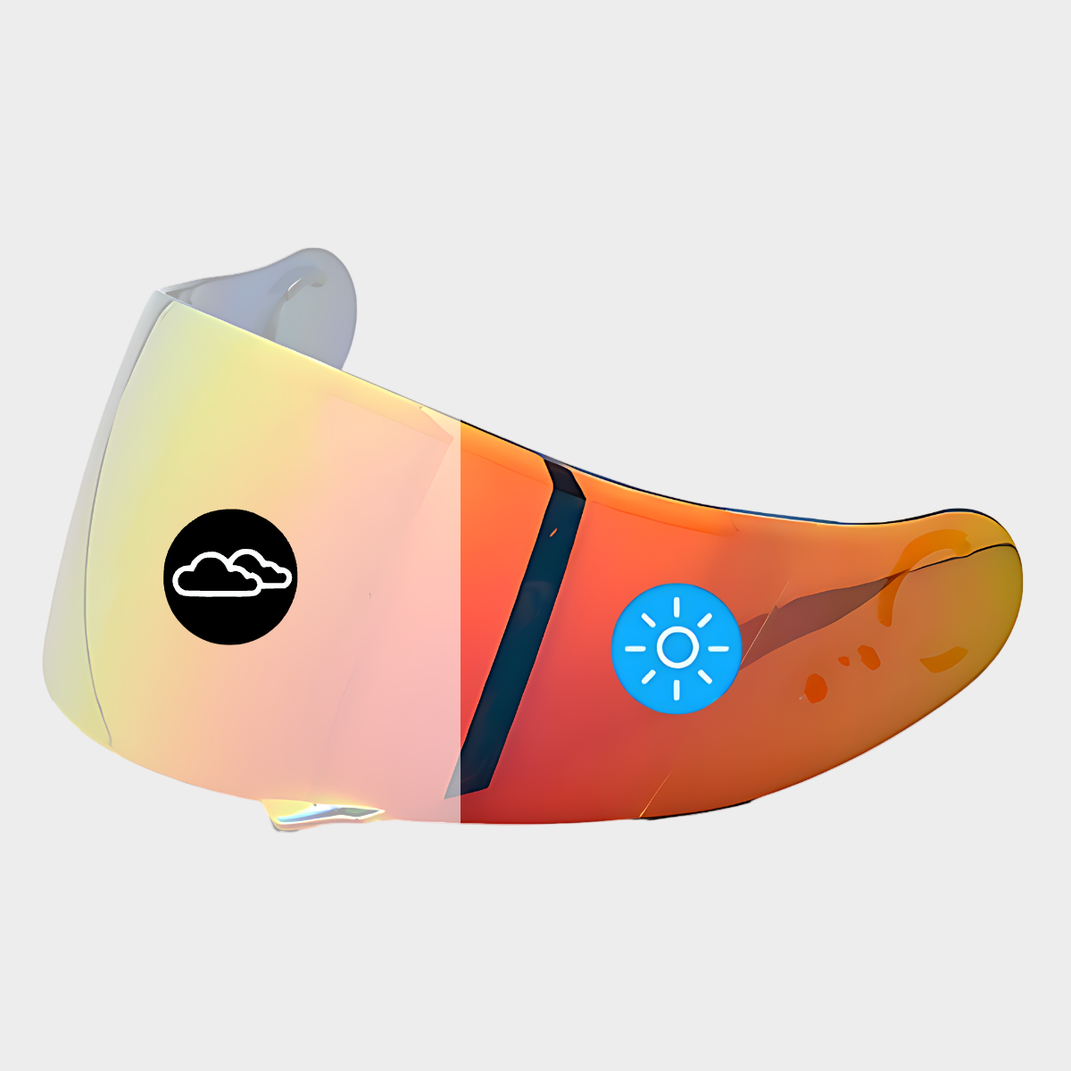 A red photochromic visor for a Shoei neotec cns-1 motorcycle helmet, showing a gradient color change from clear red to mirrored red gold.