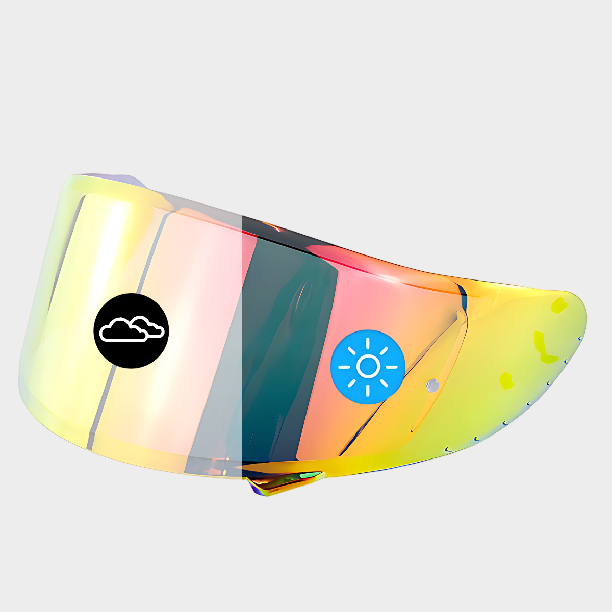 A red tinted photochromic visor for SHOEI x14 z7 rf1200 motorcycle helmets, showing a gradient color change from clear at the top to red at the bottom.