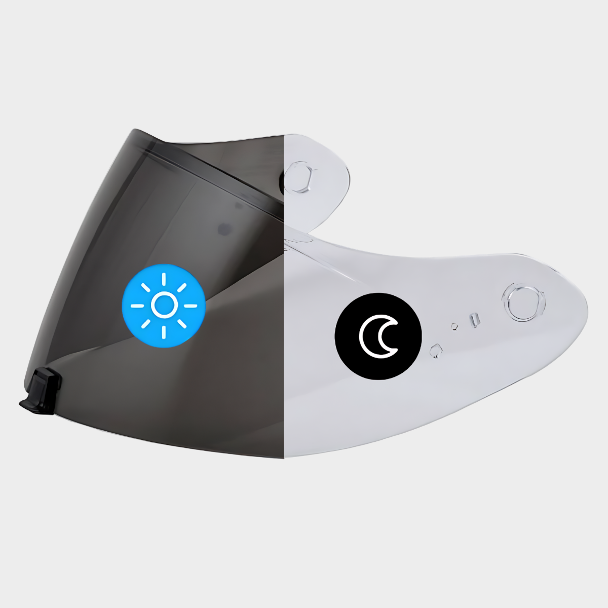 A photochromic visor for Scorpion EXO-520 helmet, showing a clear and smoked shield with a blue sun icon and a black moon icon, indicating day and night modes.