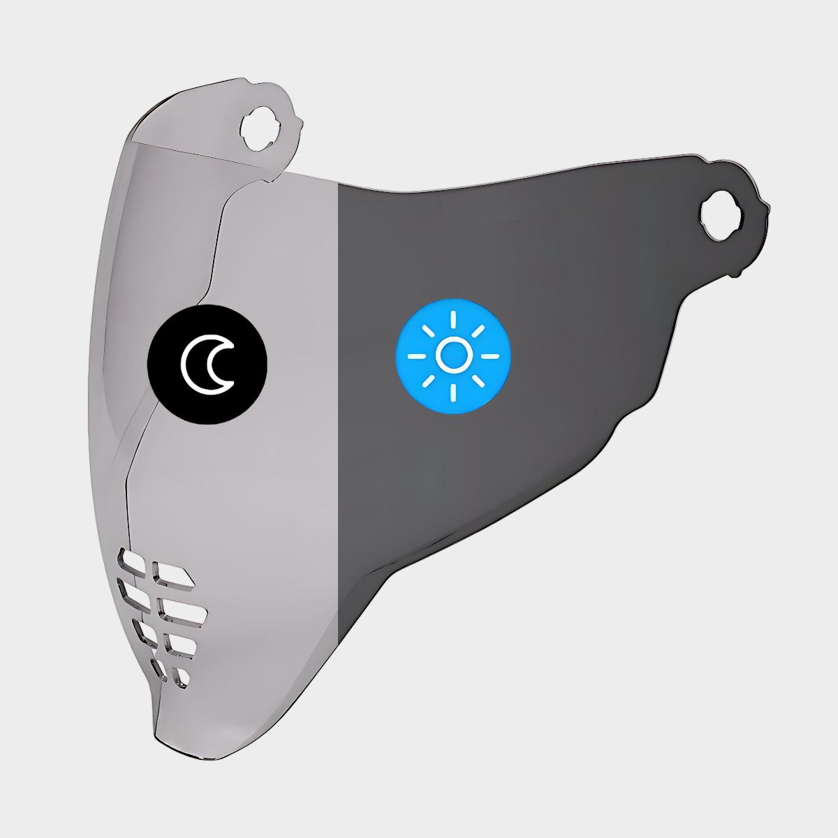 A photochromic visor for a icon airflite motorcycle helmet, showing a clear visor on the left and a smoked visor on the right with a logo in the center.