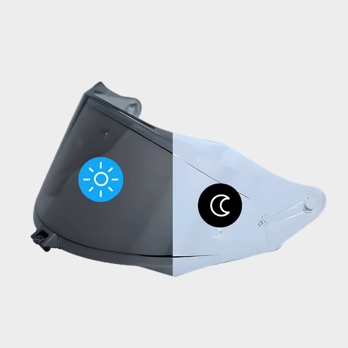 A photochromic visor for KYT R2R helmets, showing the visor's transition from clear to smoked tinted appearance with a visible sun icon and a moon icon on the side.