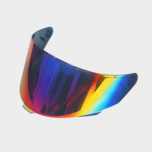 A visor for kyt tt course helmet with a color gradient changing from blue to orange, with a reflective mirrored quality in the center.