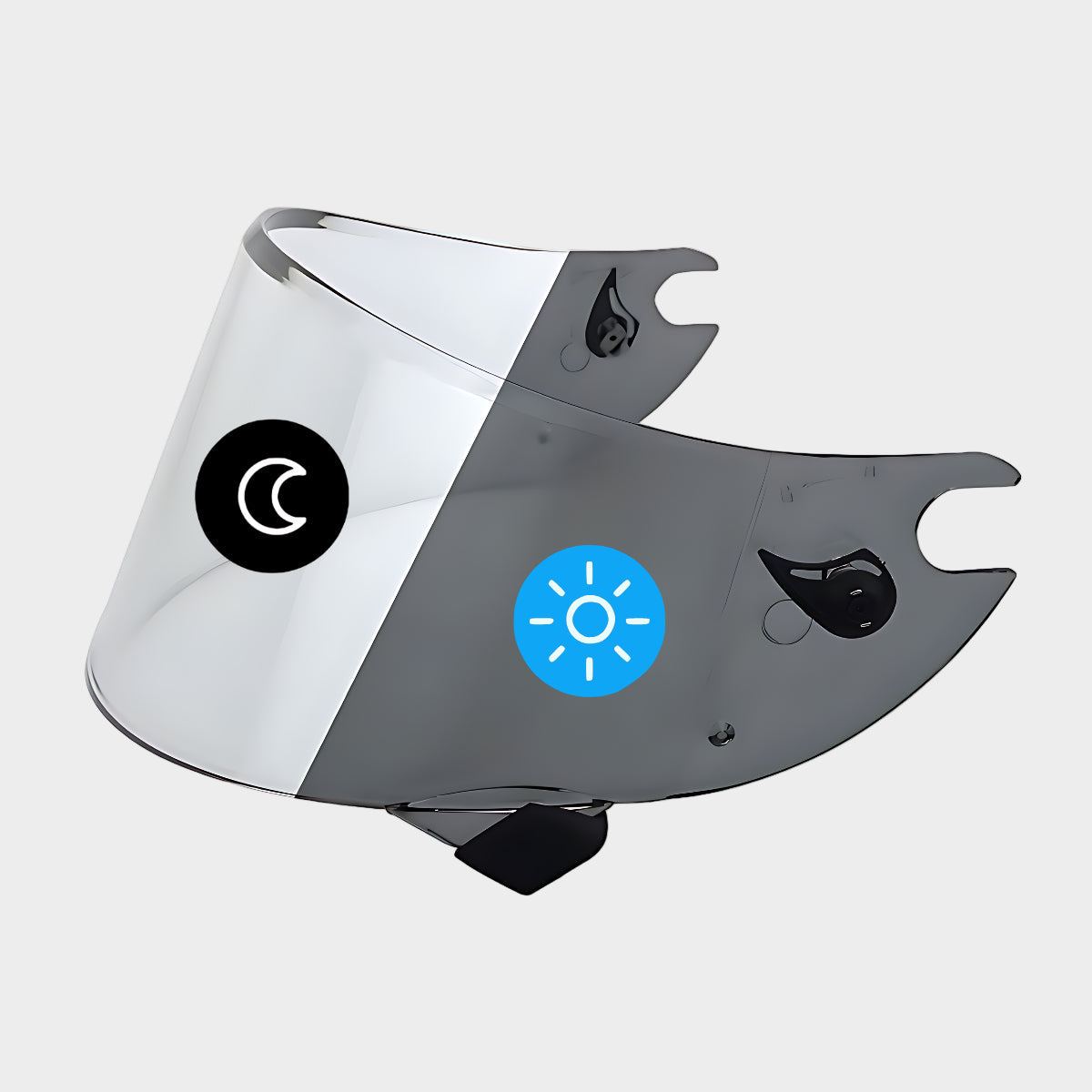 A photochromic motorcycle helmet visor with attachment points for a Shark Race R Pro / Aeron GP helmet.