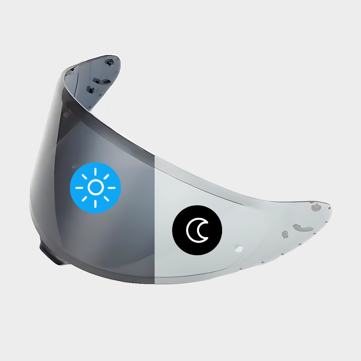 A photochromic motorcycle helmet visor for shoei z8 rf1400 with a clear and smoked section, showing icons for photochromic change and anti-fog features.