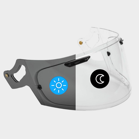 An aftermarket photochromic tinted visor for Arai VAS-V motorcycle helmets
