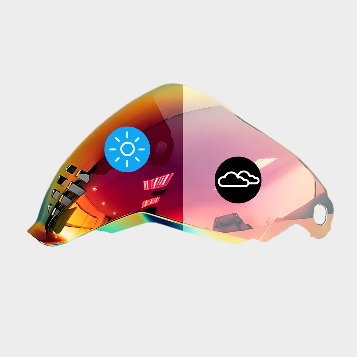 An aftermarket photochromic visor for ICON Airflite helmets, changing from clear to mirrored red and gold with a sun icon and a cloud icon on it.