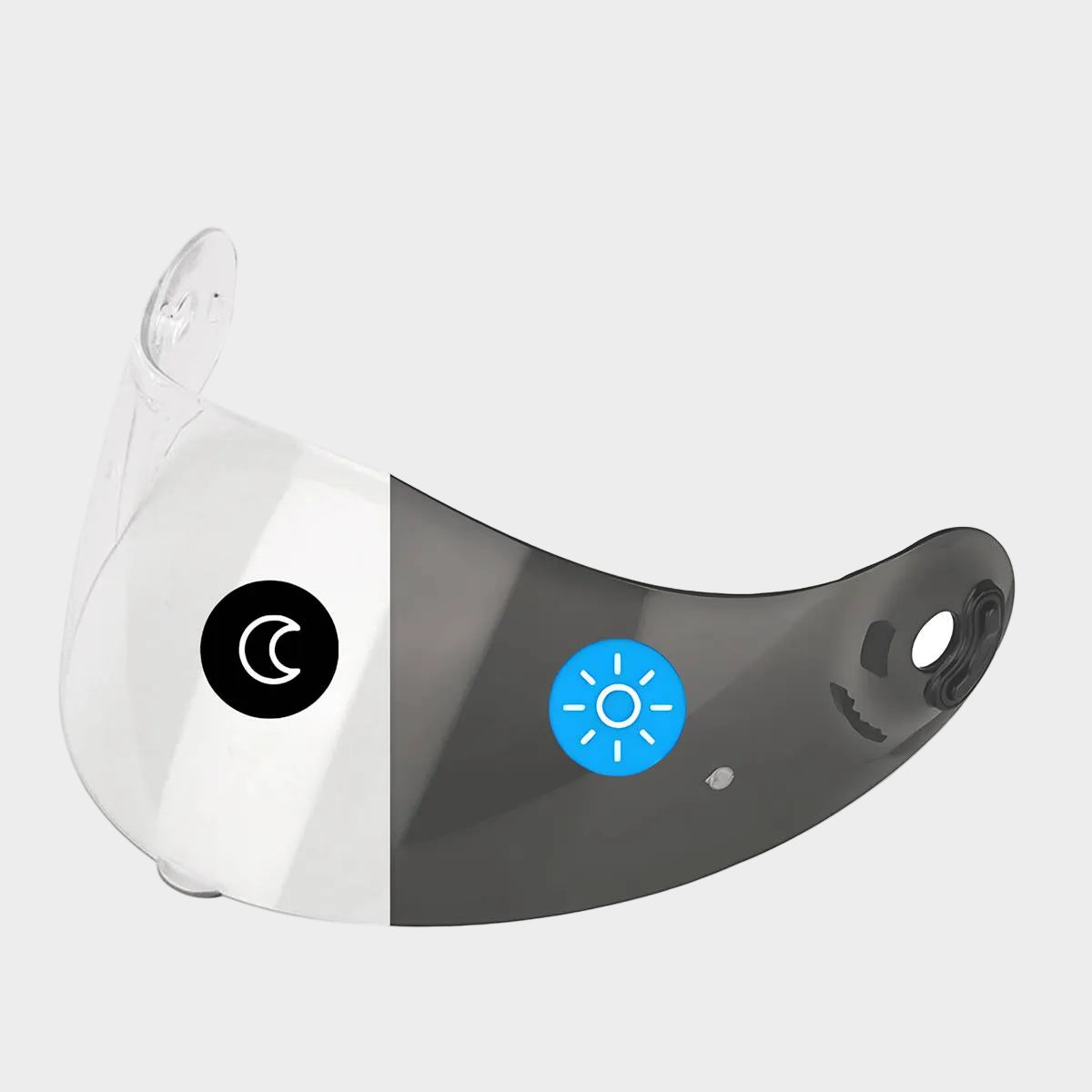 Aftermarket photochromic visor for Nolan helmets, showing a clear upper half and a smoked lower half with a blue circular logo on the lower right corner.