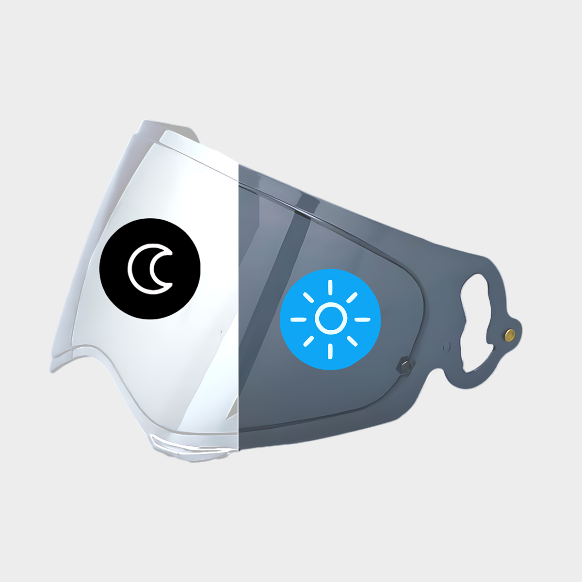 An aftermarket photochromic visor for Arai TX5 motorcycle helmets, showing a clear visor transitioning to a smoked visor, with a blue and white icon indicating sunlight and a black circle with a moon icon indicating nighttime.