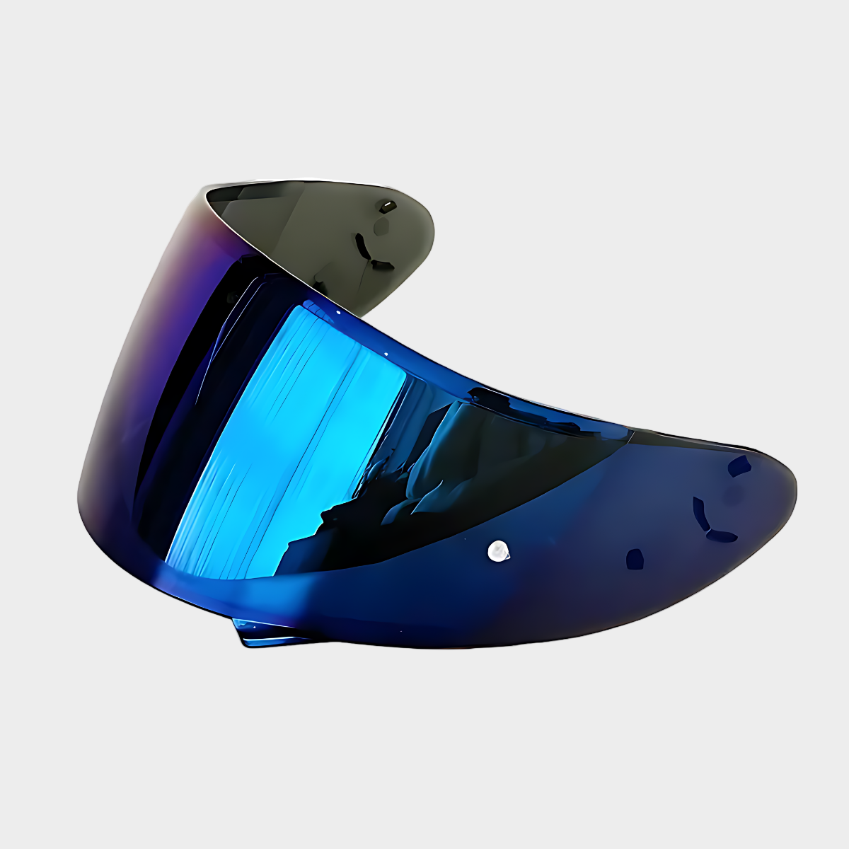 Aftermarket tinted blue visor for shoei x14 rf1200 z7 motorcycle helmets, with a reflective surface and small black pins on the edges.